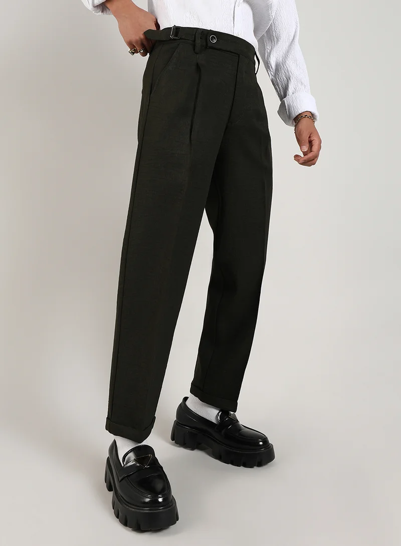 CAHOOT  Men's Juniper Green Tailored Linen-Blend Trousers For Casual Wear | Tailored-Fit | Mid-Rise | Button Closure | Trousers Crafted With Comfort Fit For Everyday Wear for Men | Best Price UAE